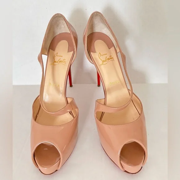 Louis Vuitton Christian Louboutin Red Botton Tan Heels Womens Size 41  Peep Toe